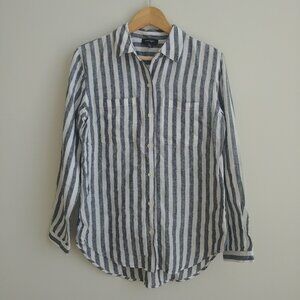 Lord + Taylor 100% linen striped button down shirt white blue grey Small